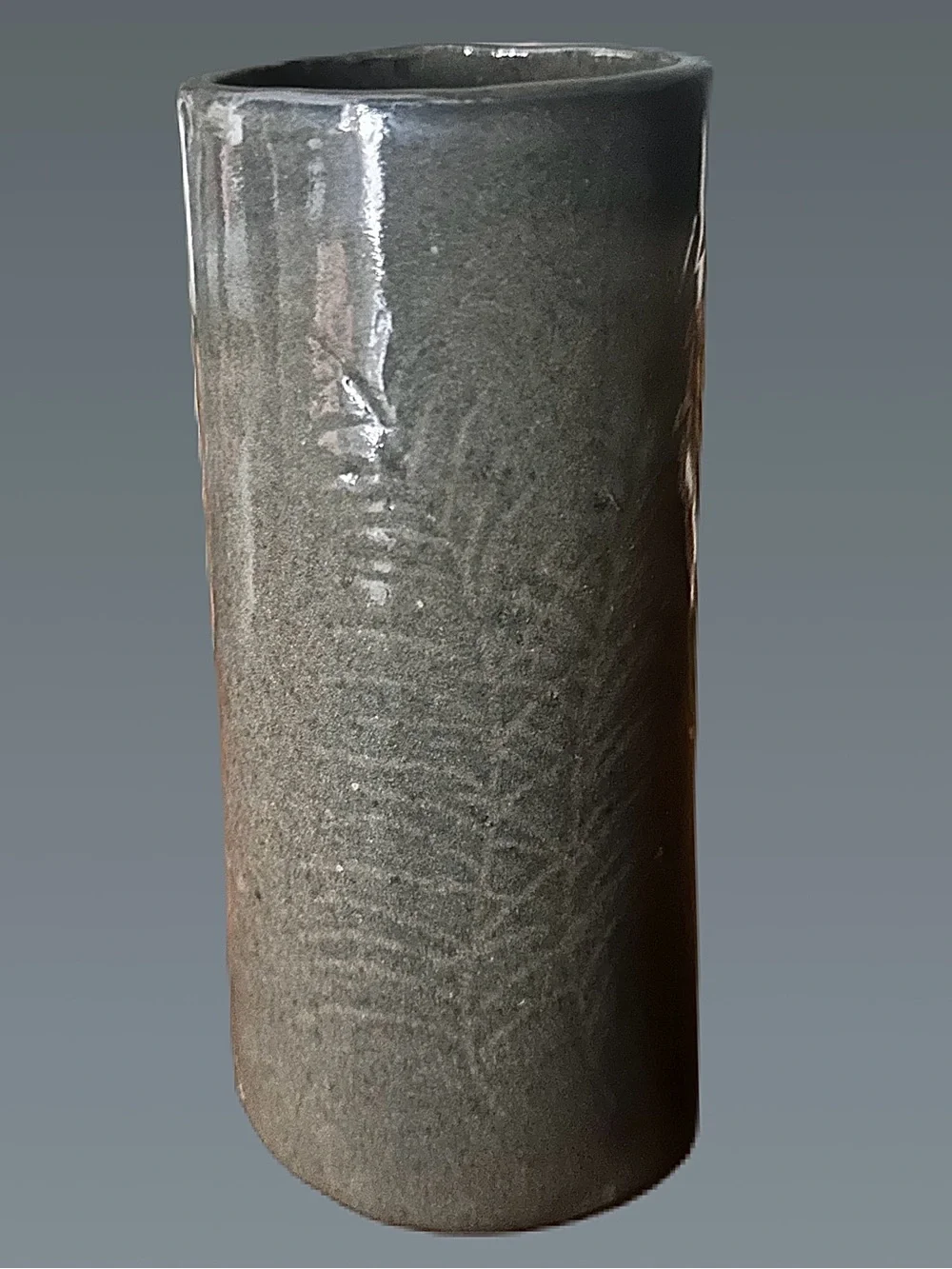 Studio Pottery Vase Stoneware Cylindrical Botanical Vessel MD Maker Mark